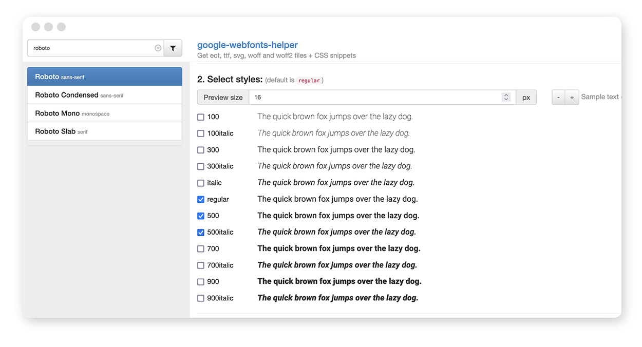 google webfonts helper – Schriftschnitte auswählen